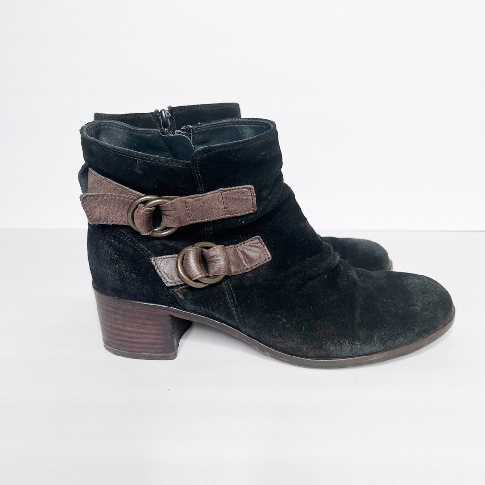 Paul Green Black Suede Brown Leather Buckles Size 7.5 Women’s Heeled Ankle Boots - Picture 2 of 6